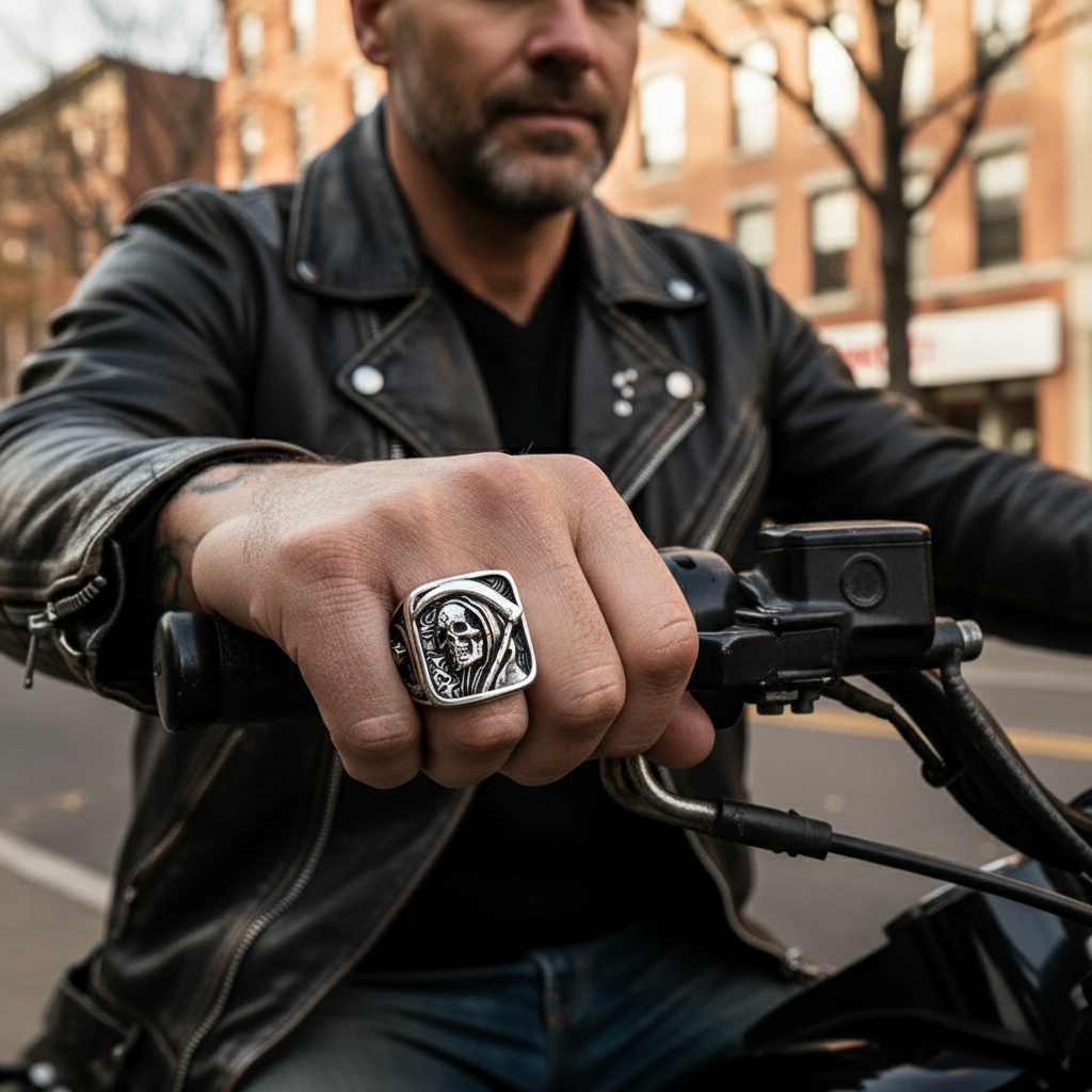 Edgy Skull Men's Ring, Stainless Steel Biker Jewelry