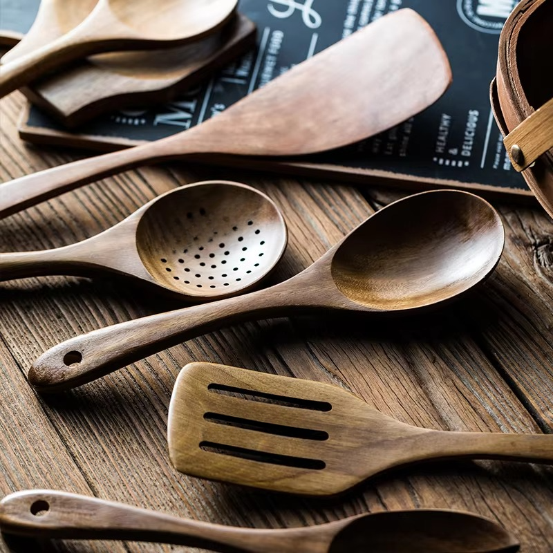 Natural Wood Kitchen Utensil Set with Storage
