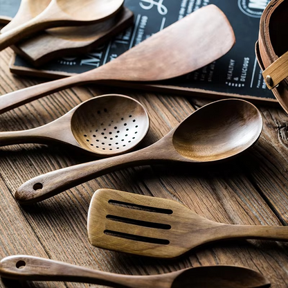 Natural Wood Kitchen Utensil Set with Storage