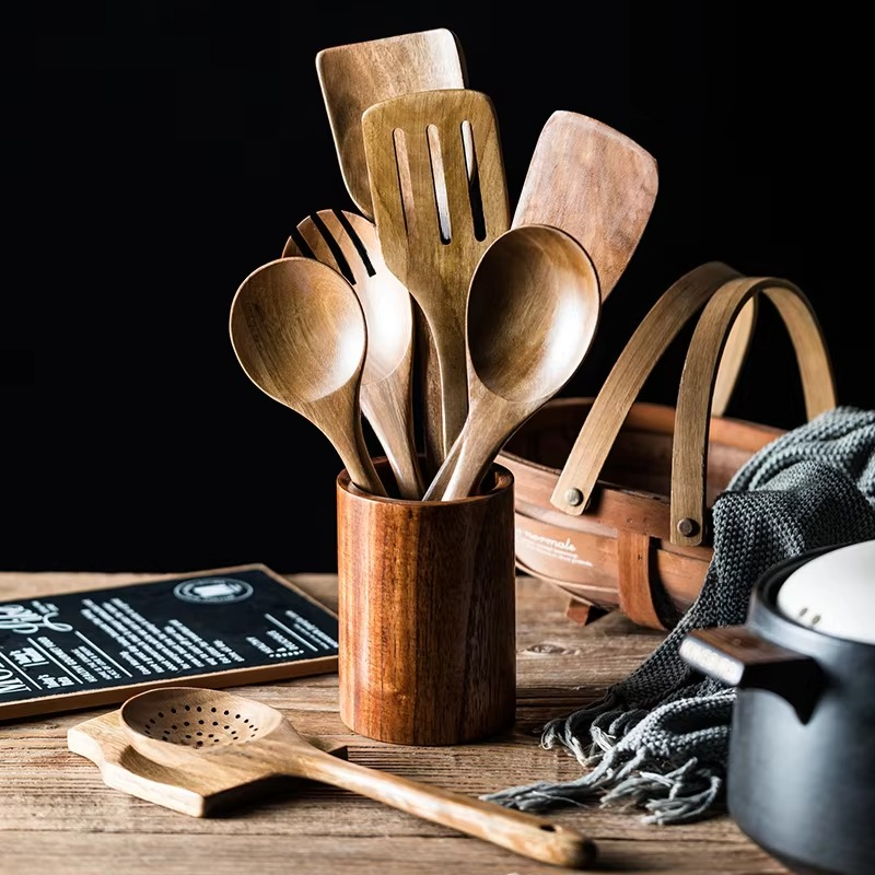 Natural Wood Kitchen Utensil Set with Storage