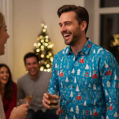Mens Fun Holiday Dress Shirt with Santa Print