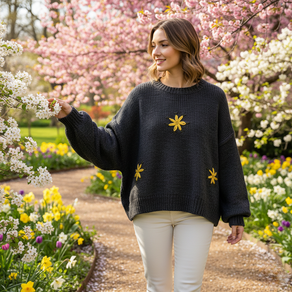 Classic Floral Embroidered Cozy Knit Sweater
