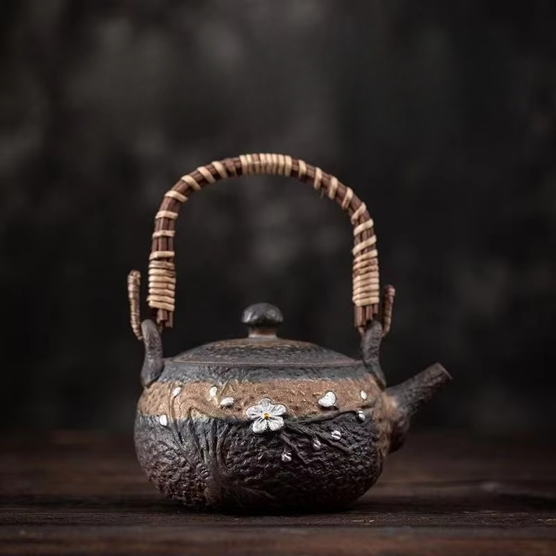 Traditional Asian Ceramic Tea Pot with Wooden Handle
