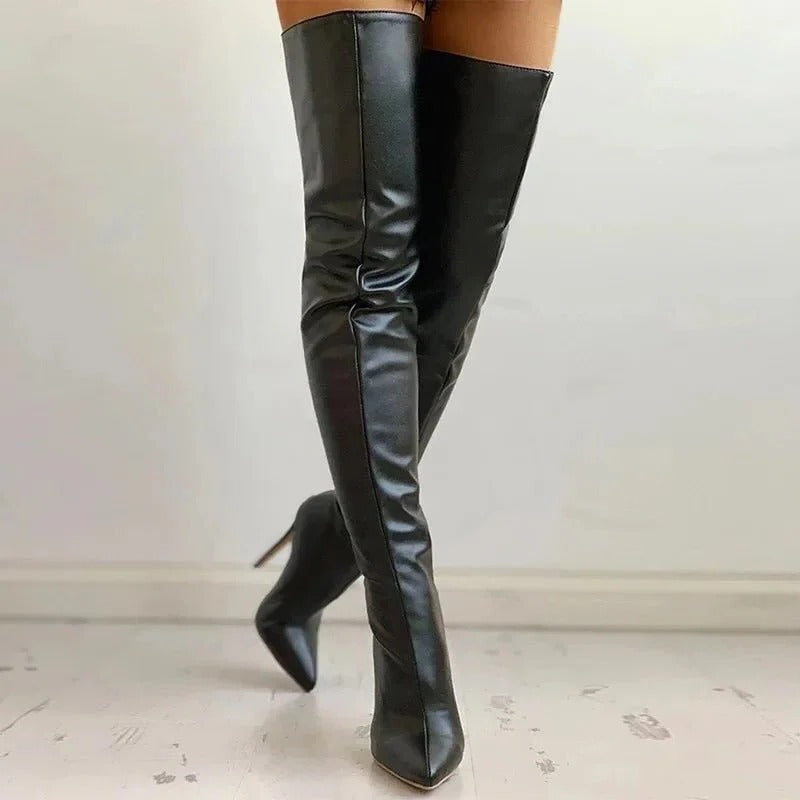 Trendy Knee High Leather Boots - Hehif