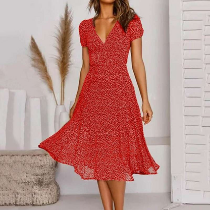 Flattering V-Neck A-Line Dress with Flowy Hem - Hehif