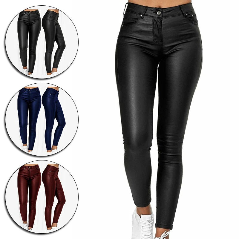 Flexible Faux Leather Trousers - Hehif