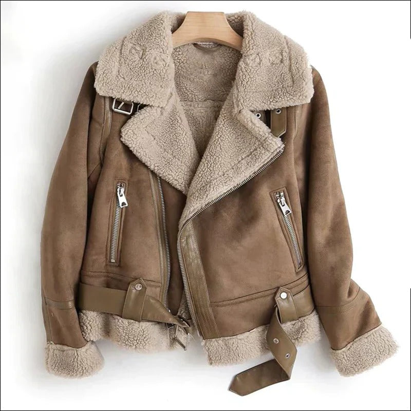 Faux Fur Lined Biker Leather Jacket - Hehif