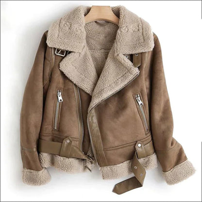 Faux Fur Lined Biker Leather Jacket - Hehif