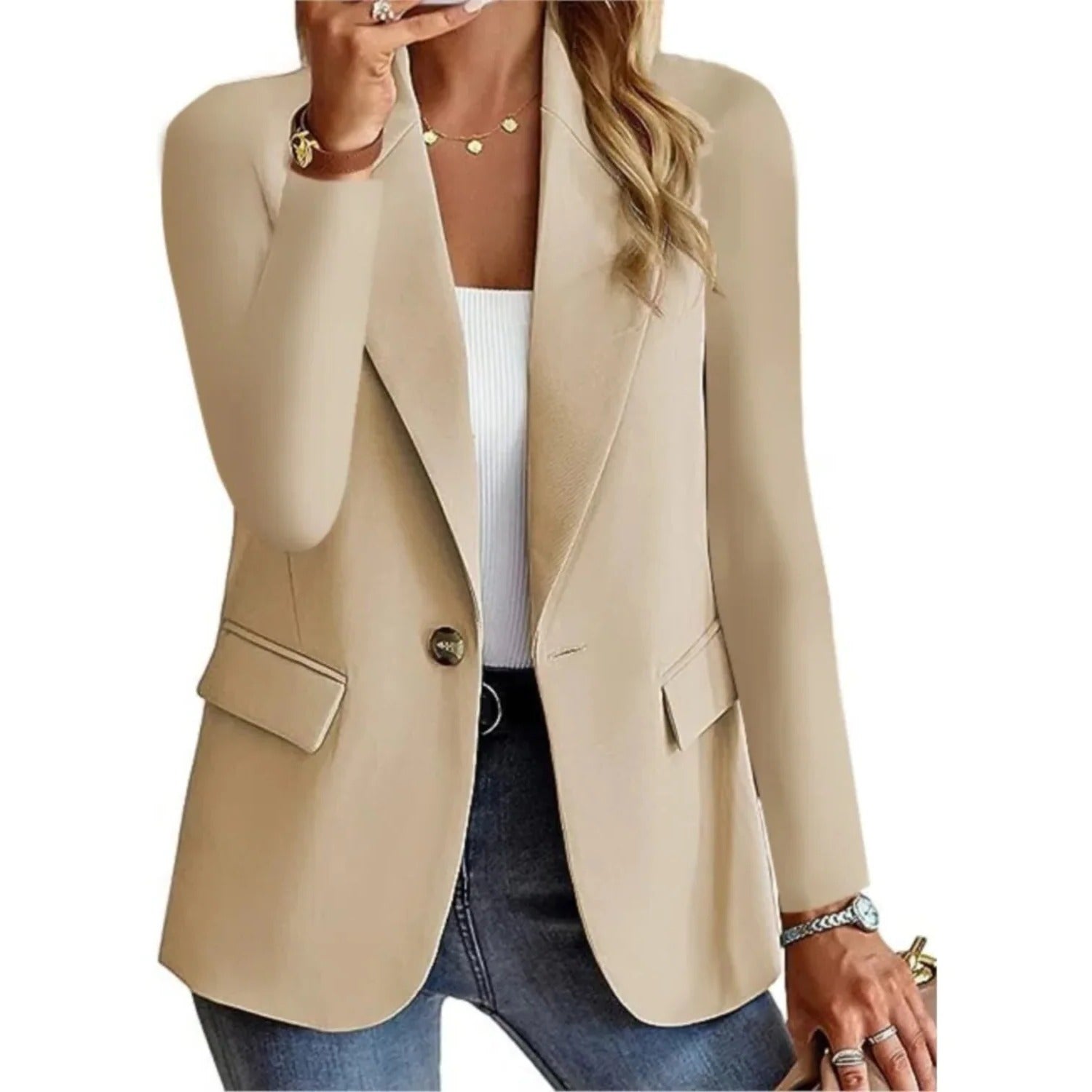 Women's Classic Fit Blazer with Pockets and Buckle Closure - Hehif
