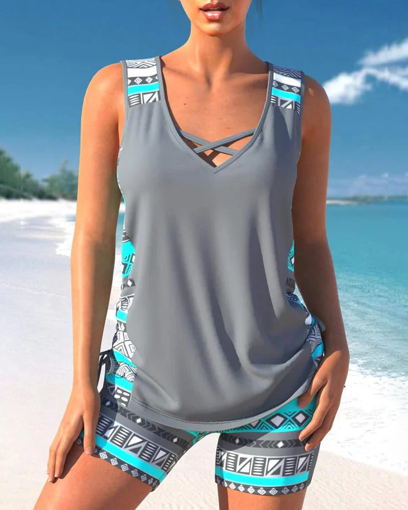 Women's Swim Tankini Set with V-Neck Top - Hehif