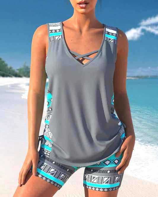 Women's Swim Tankini Set with V-Neck Top - Hehif