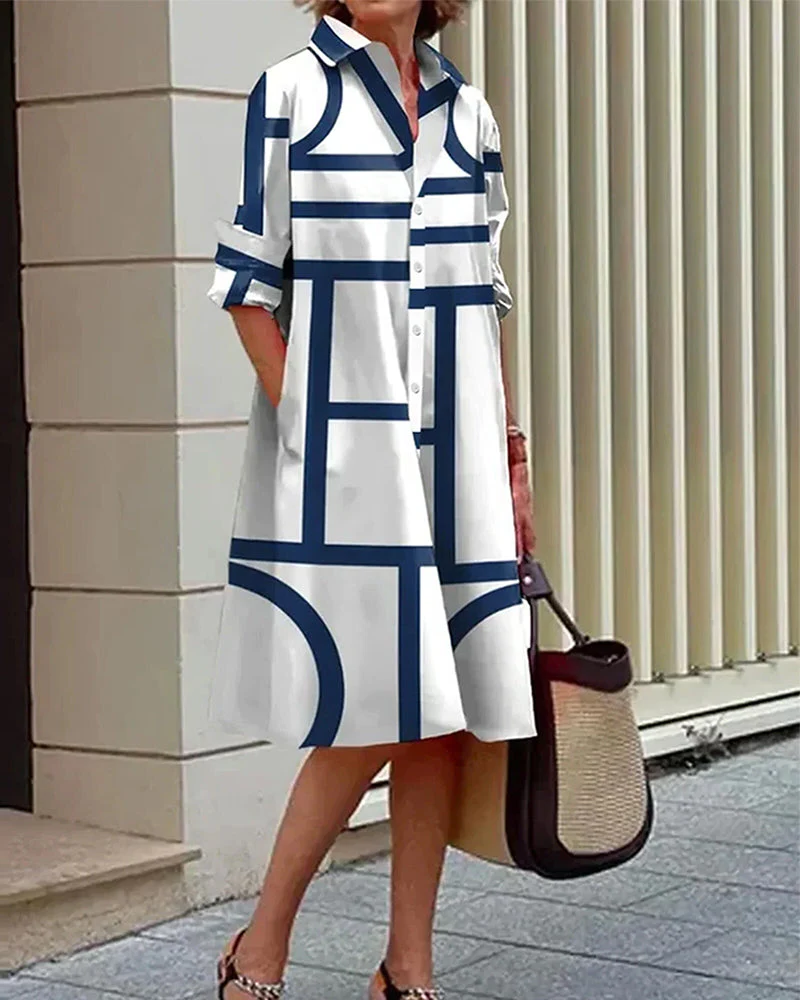 Practical Printed A-Line Dress with Pockets - Hehif
