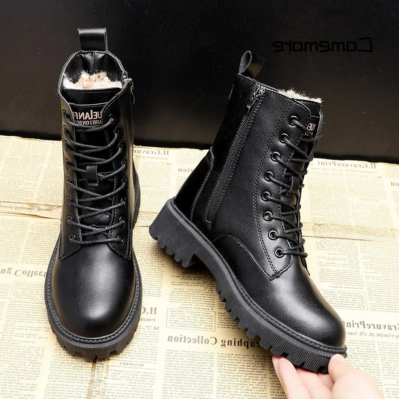Warm Waterproof Black Leather Ankle Boots