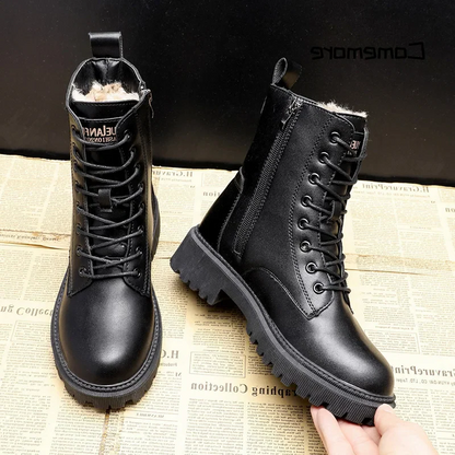 Warm Waterproof Black Leather Ankle Boots