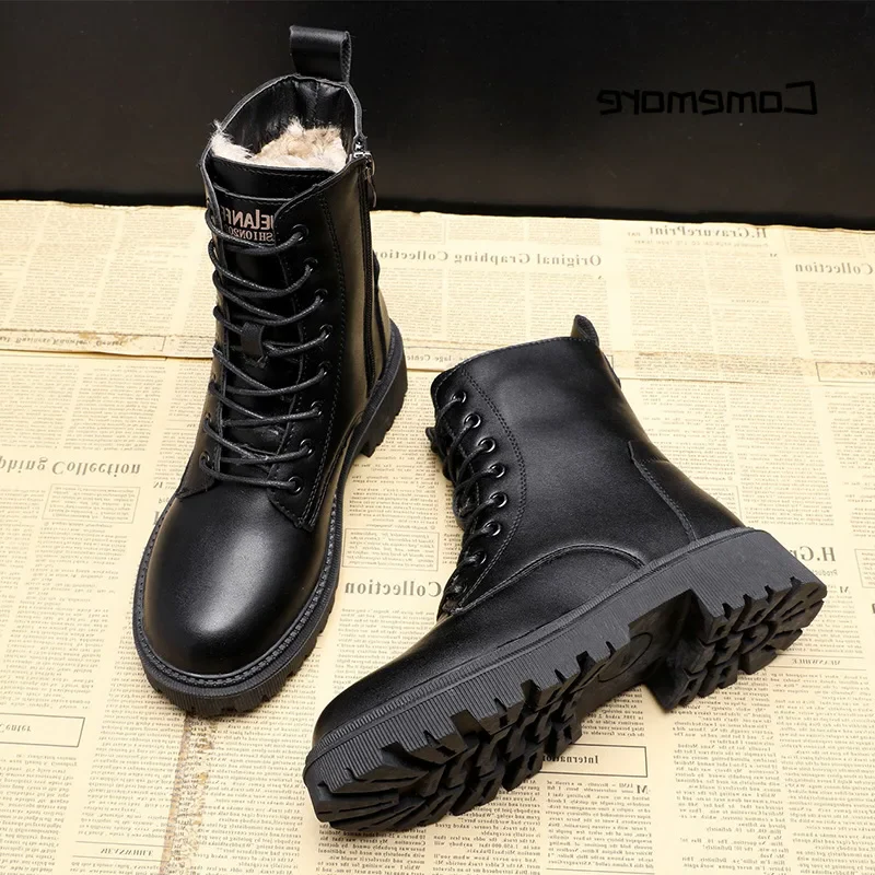 Warm Waterproof Black Leather Ankle Boots