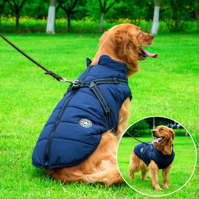 Warm Fleece Lined Waterproof Dog Coat with Harness