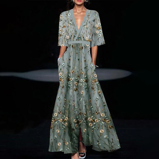 Fresh Mint Maxi Dress with Short Sleeves - Hehif