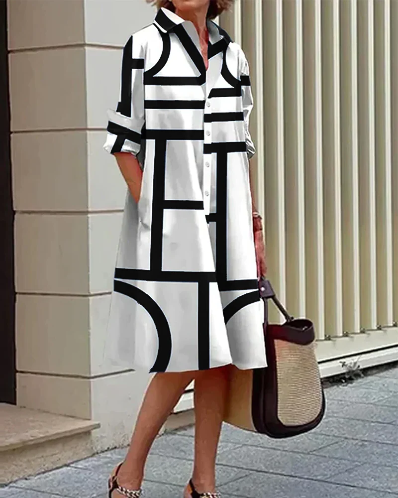 Practical Printed A-Line Dress with Pockets
