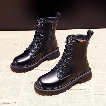 Warm Waterproof Black Leather Ankle Boots