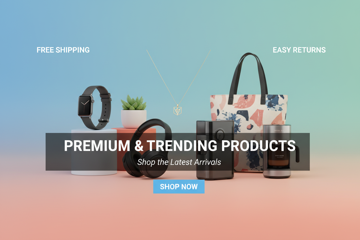 slide image contains products + Free shipping + easy return + premium and trending products 